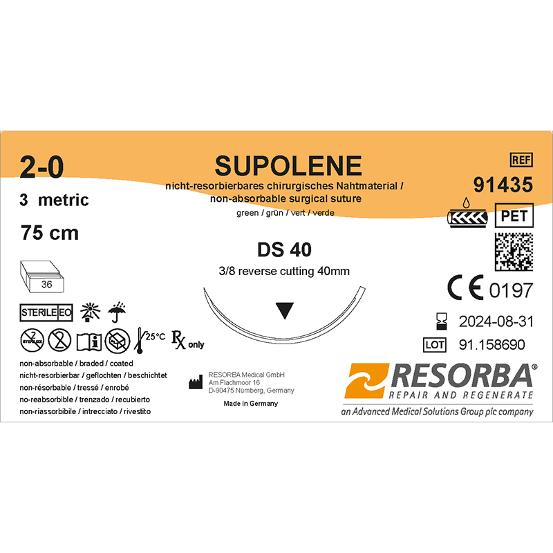 Суполен USP2-0 зелений, довжина 75см, зворотньо-ріжуча голка 40мм, 3/8 кола